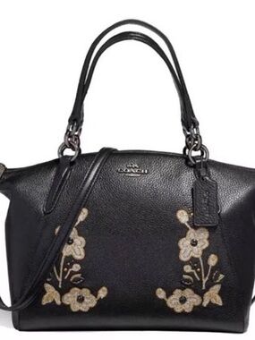Coach Embossed Small Kelsey Black Leather Shoulder Bag with Floral Appliqué